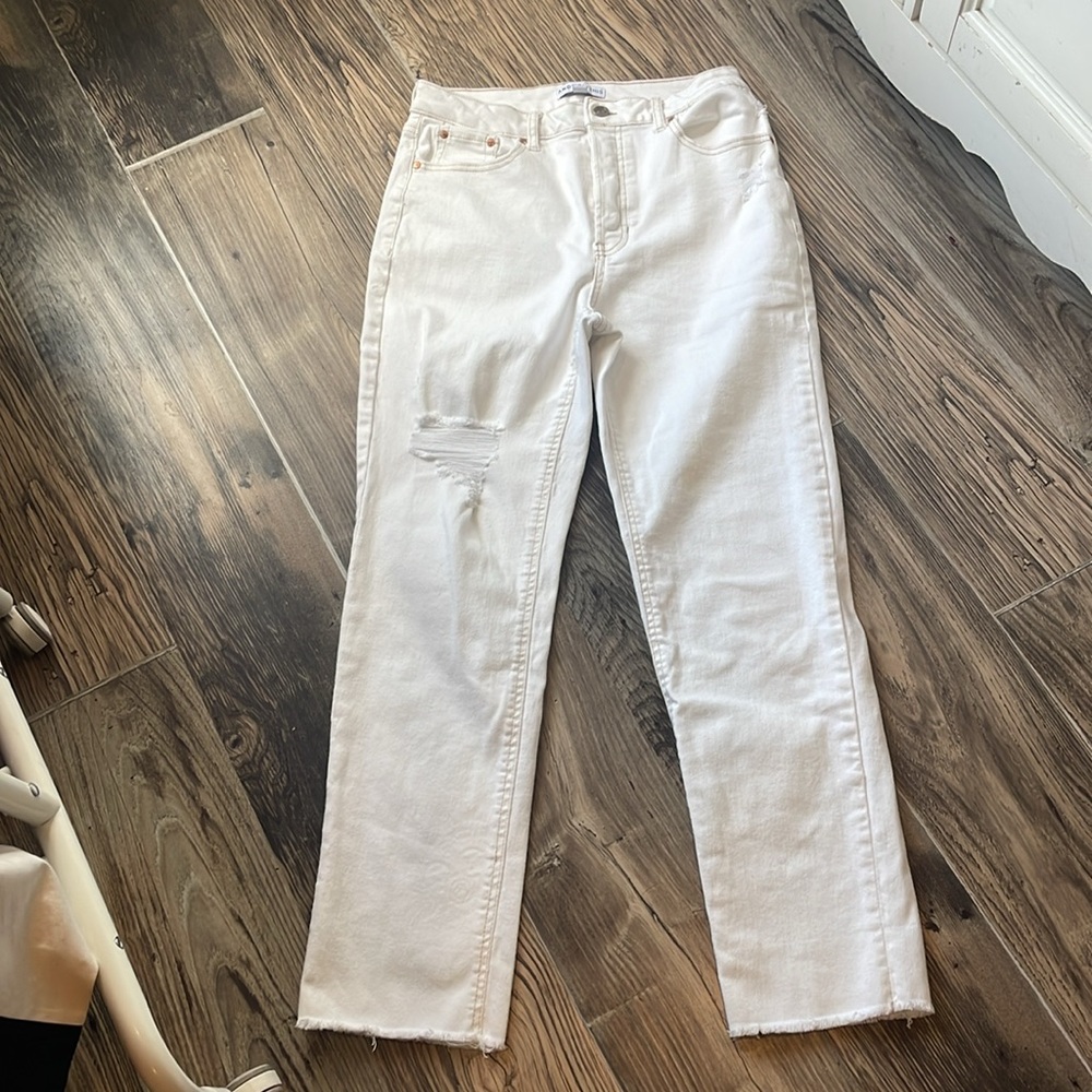 White denim jeans with tan stitching, 30 inch waist